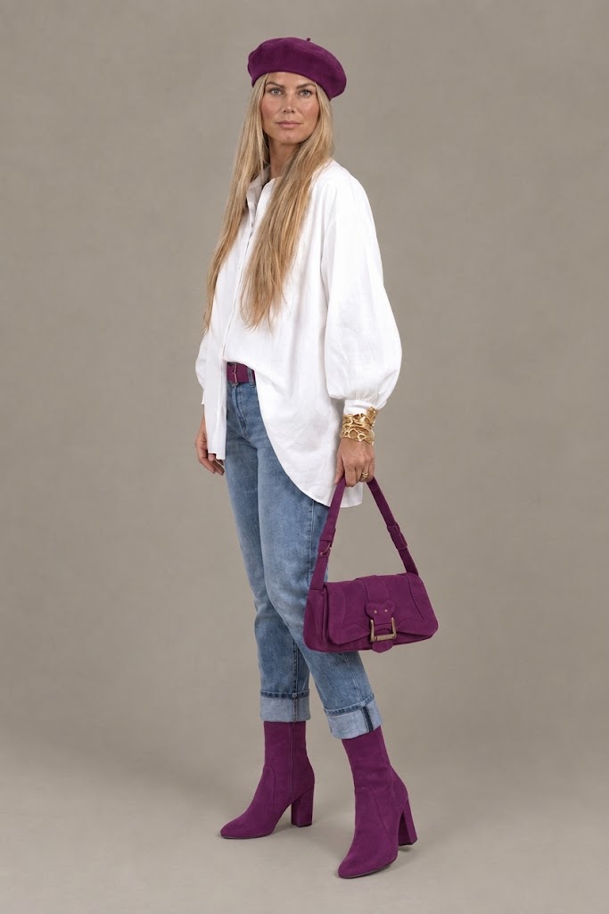 Women's plum purple inside-zip ankle boots with round toe and high block heel - Top view